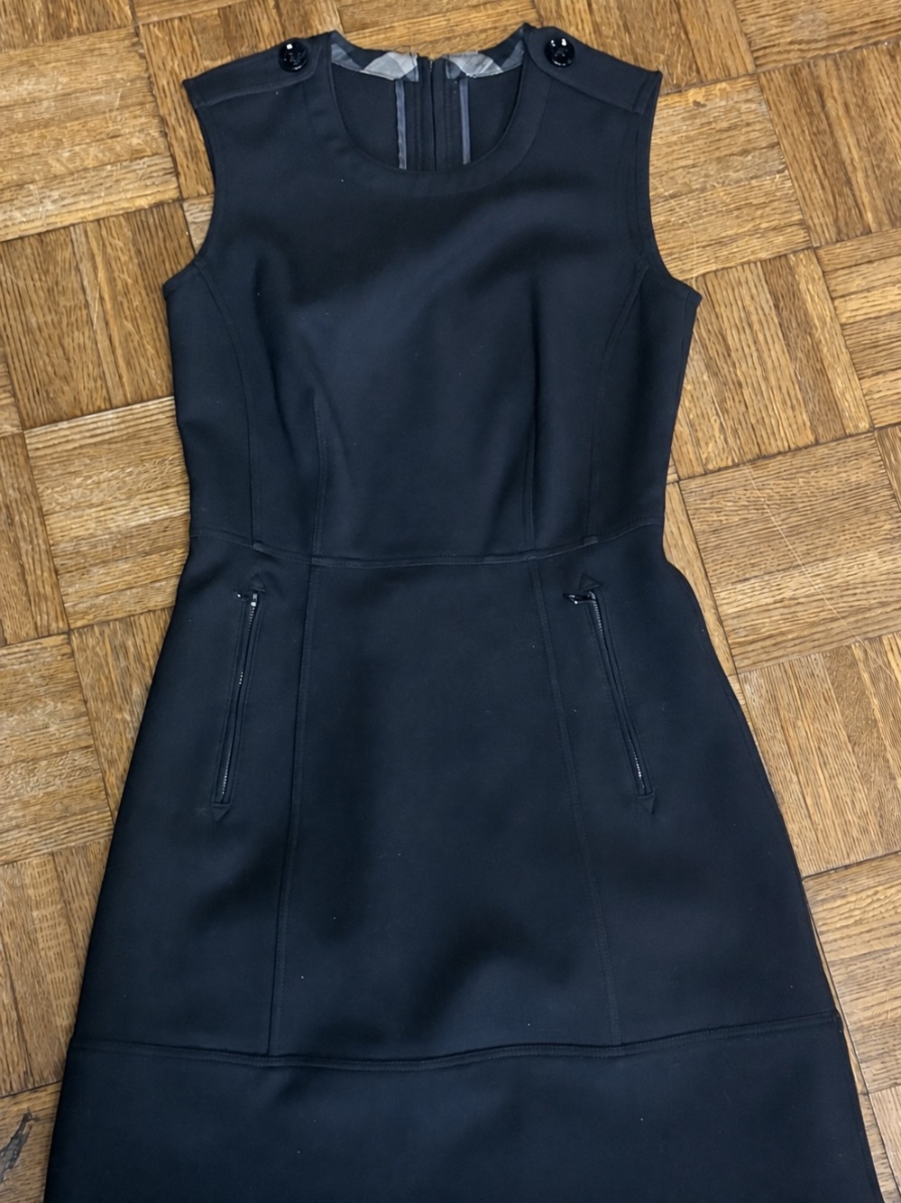 Burberry Black Sleeveless A-Line Dress with Button Shoulder Detail